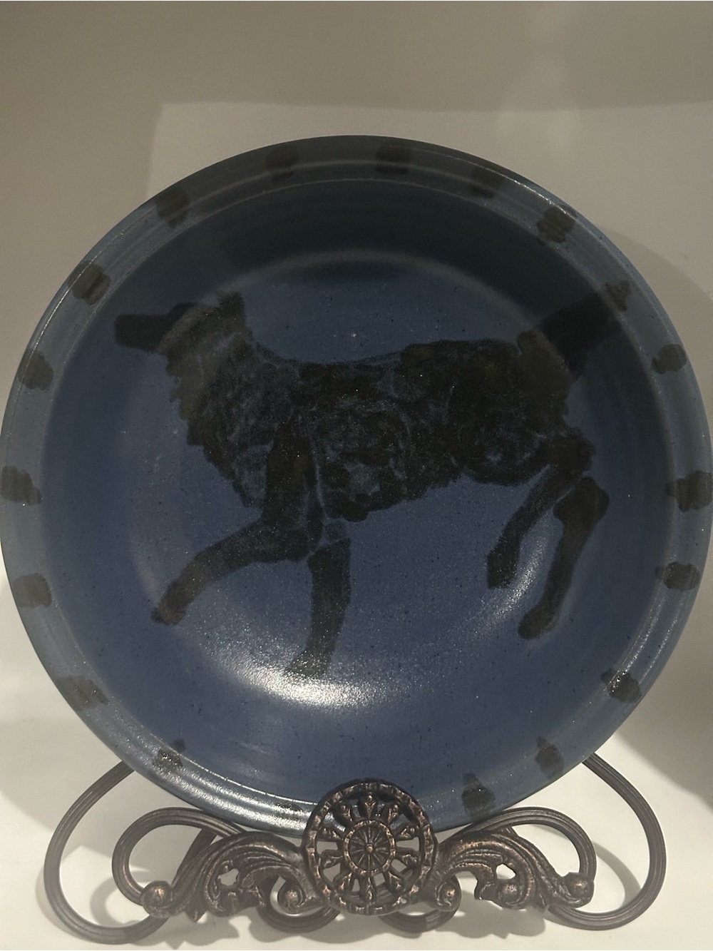 Handcrafted Navy Blue Decorative Plate with Black Dog   IKS pottery